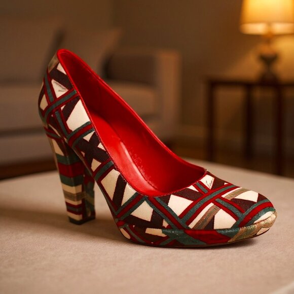 Gucci Velvet Geometric Cream Maroon Green Signed Platform Pumps, Size 6 - Picture 1 of 11